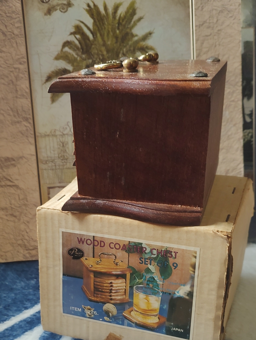 Wood Coaster Chest Set of 9 -vintahe Dark Brown Wooden Box - Picture 5 of 13